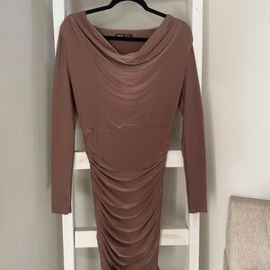 SHEIN Brown Ruched Bodycon Midi Dress with Cowl Neck